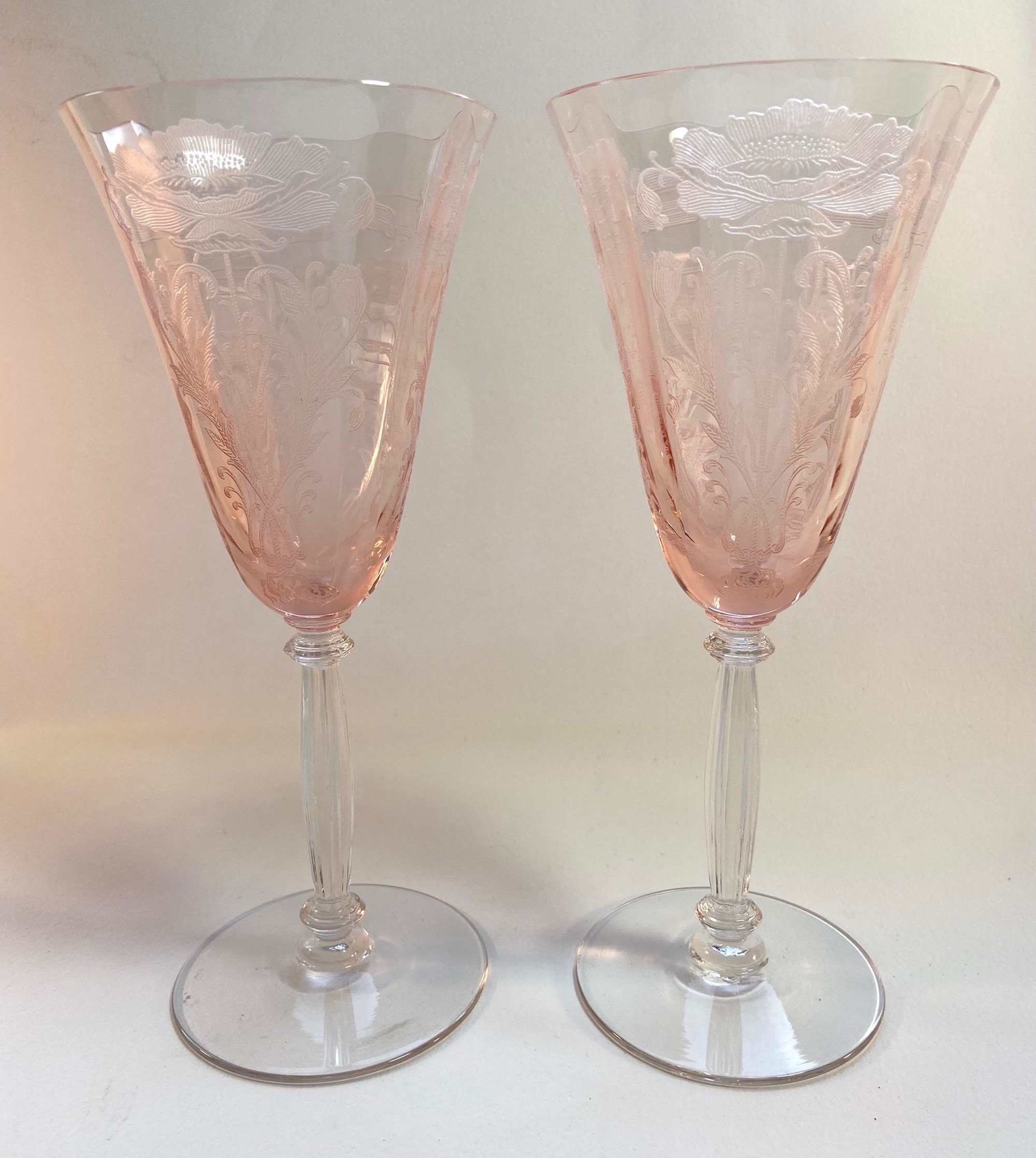 Tiffin Flanders Pink Etched Poppies Water Goblet - Ribbed Stem