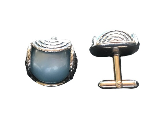 Pearlescent Blue Stone and Antique Silver Cufflin… - image 5