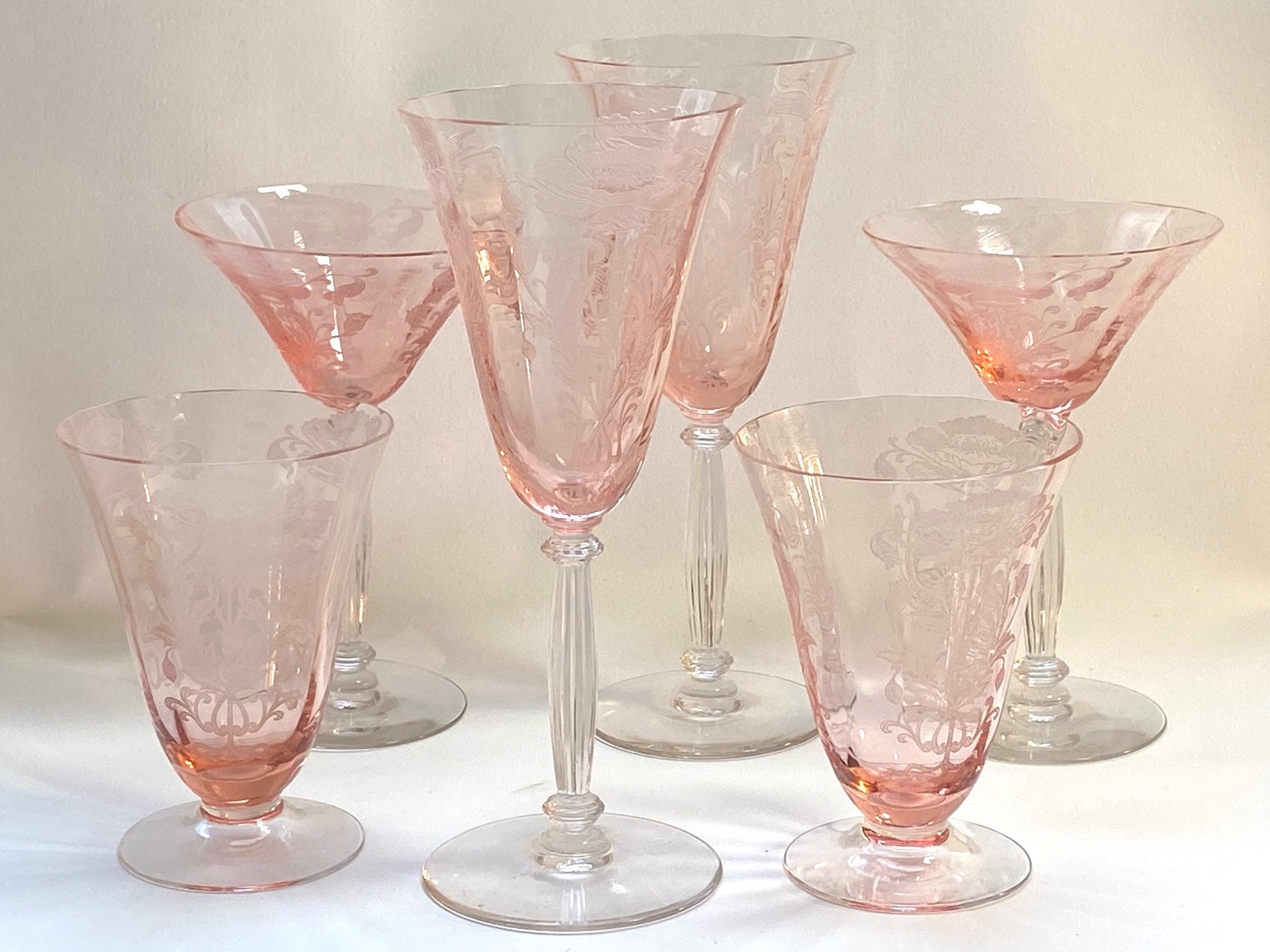 Tiffin Flanders Pink Champagne Glass: Etched Poppies, Ribbed Stem