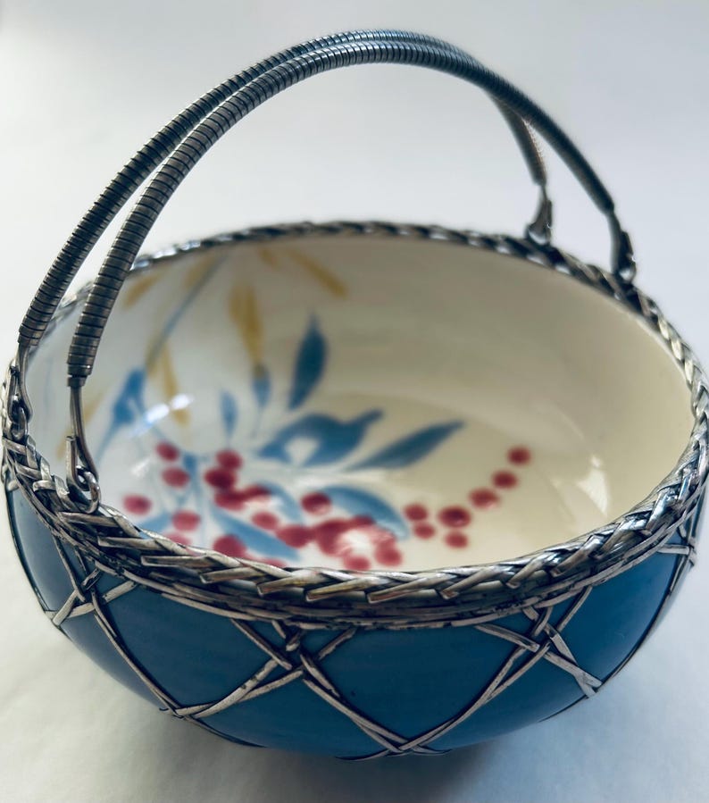 Japanese Awaji Ware Basket Bowl: Silver Overlay, Hand Painted Floral ...