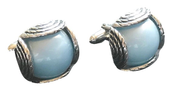Pearlescent Blue Stone and Antique Silver Cufflin… - image 4