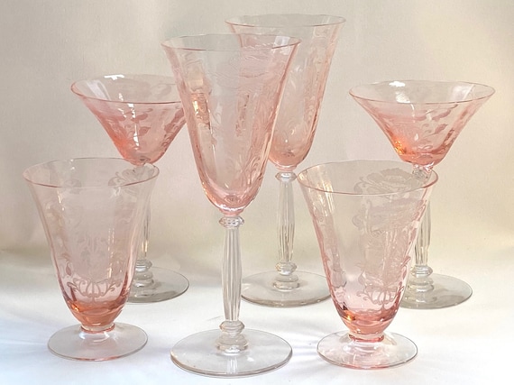 Tiffin Flanders Pink Etched Poppies Water Goblet - Ribbed Stem