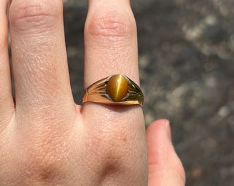 Anillo vintage de ojo de tigre en oro de 10 quilates, talla 8 3/4, oro auténtico, oro macizo, regalo para ella, regalo para él, anillo único, oro amarillo, cabujón.