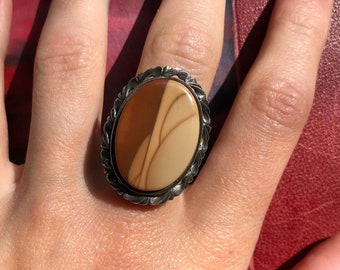 Vintage Sterling Silver and Jasper Ring Size 7 / Chunky Sterling Ring / Boho Ring / 70s Vintage Ring / Big Ring / Landscape Jasper