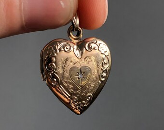 Vintage 10k and Diamond Heart Locket / Etched Locket / Floral Design Locket / Solid Gold Locket / Real Gold Locket / Gift For Her