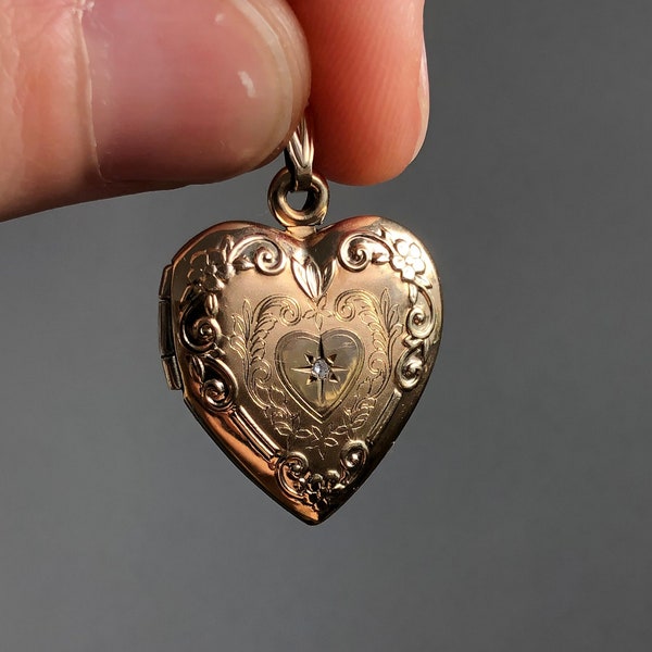 Vintage 10k and Diamond Heart Locket / Etched Locket / Floral Design Locket / Solid Gold Locket / Real Gold Locket / Gift For Her