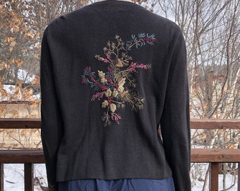 Vintage Woolrich Embroidered Cardigan M / Black Cotton Cardigan / Floral Embroidery / Vintage Sweater