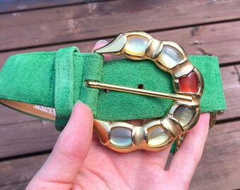 90s Carlisle Dark Green Leather Statement Belt | Rhinestone  display picture 2