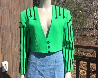 Vintage 80s Green Wool Blazer S - M / Cropped Blazer / Beaded Blazer / Funky Fashion / Bright Green / Beaded Blazer / Unique Fashion