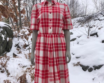 Vintage Plaid Day Dress S - L / 80s Does 50s / Summer Dress / Comfy Vintage Dress / Cotton Dress/ Vintage Plaid Dress / Picnic Dress