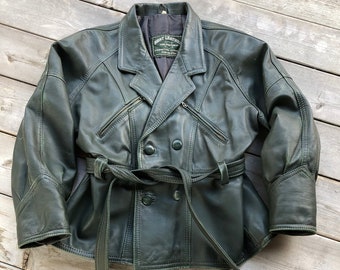 Vintage 80s Green Leather Jacket M / Vintage Leather Jacket / Green Leather Coat / Double Breasted Jacket / Light Jacket