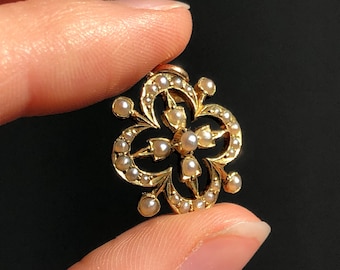 Antique 15k Gold and Pearl Pendant / Seed Pearls / Edwardian / Victorian / Quatrefoil / Solid Gold / Real Gold / Gift For Her