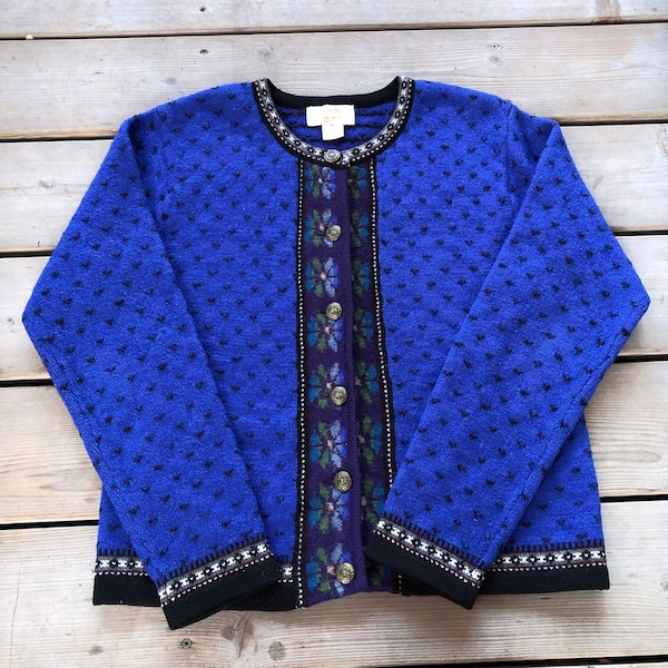 Vintage Wool Ornate Cardigan Size M / Vintage Wool Knit Sweater / Blue Wool Cardigan / Norwegian Style Cardigan / Winter Fashion