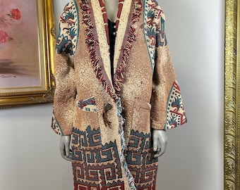 Vintage Western Gobelin Cardigan S - M / Gobelin Decke / Langer Mantel / Shaggy Mantel / Made in Canada / Landleben / Fransen / Aztekisch