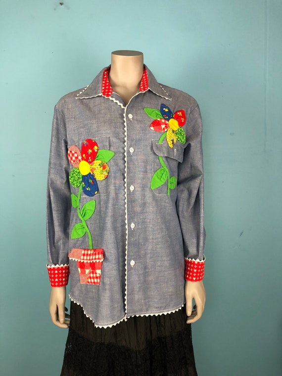 Blusa Patchwork de los anos 70 L 70s JC Penny Fashion Flores Patchwork 3D Blusa Funky Planta en maceta Blusa mariposa Blusa Ric Rac Etsy Espana