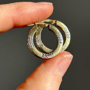 Vintage 10k Gold Two Toned Hoop Earrings / Hollow Hoops / Etched Hoops / Gift For Her / Solid Gold / Real Gold / Yellow and White Gold