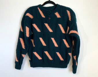 Hand-Knit Turquoise and Peach Sweater S