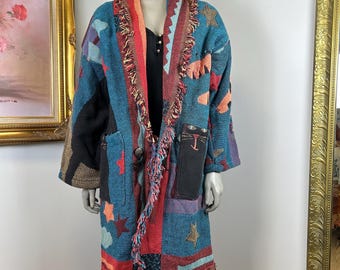 Vintage Tapestry Cat Cardigan S - M / Tapestry Blanket / Blanket Coat / Shaggy Coat / Made in Canada / Country Life / Fringe / Cat Sweater