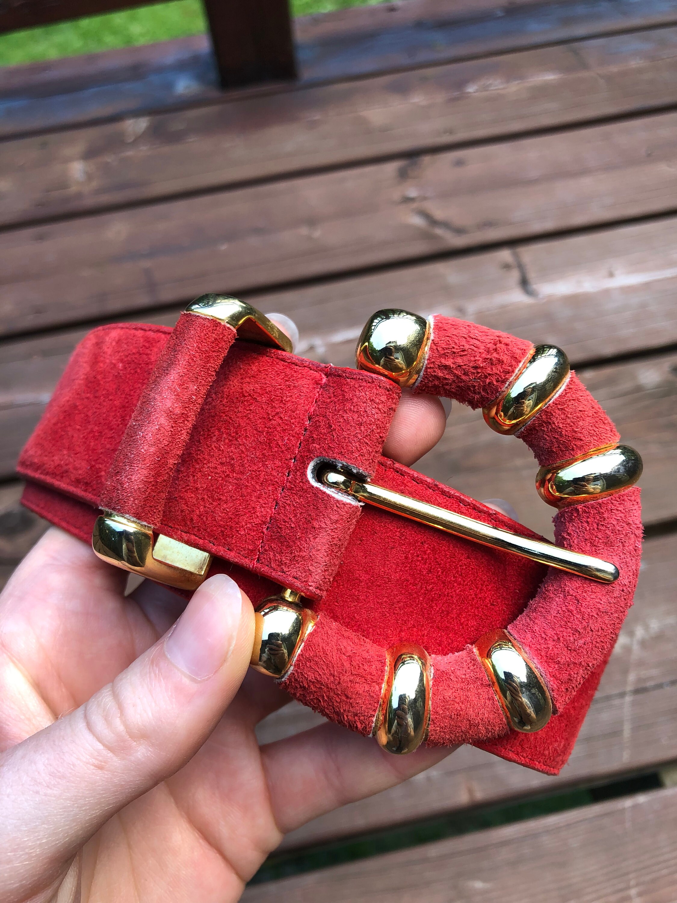 Vintage 80s Red Suede Leather Belt 29 - 32 Waist / Gold Belt  display picture 1