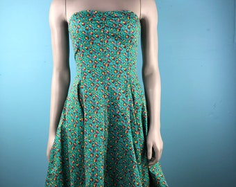 90s Betsy Johnson Strapless Floral Dress S / Vintage Betsy Johnson / 90s Floral Dress / Vacation Dress / Turquoise/ Corset Back