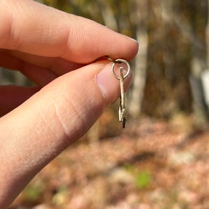 May include: A small, gold-colored key pendant with a circular loop at the top. The key has a simple, elegant design. The background is blurred, with natural colors of brown and green.