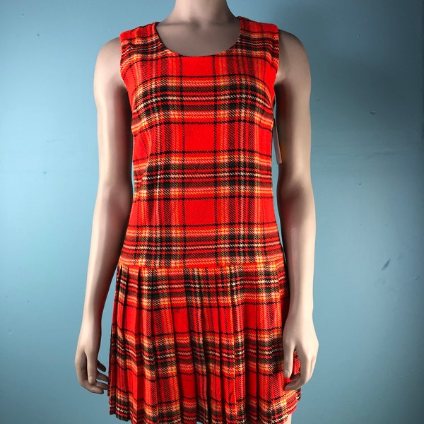 60s Plaid Mini Dress XS / Red Plaid Dress / Pleated Kilt Mini Skirt / School Girl Uniform / 60s Mod Fashion / Winter Dress / Wool Dress