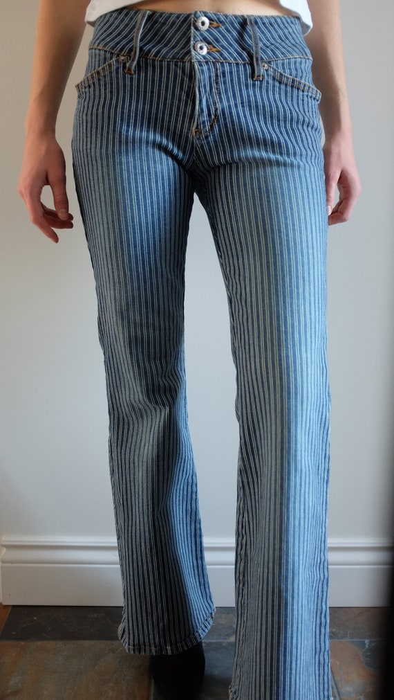 blue and white striped flare jeans