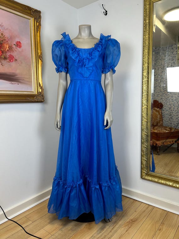Vintage Nu-Mode Princess Dress XS - S / Blue Gown / Puff Sleeve Dress / Vintage Prom Dress / Long Blue Dress / Vintage Gown