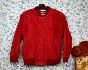 【vintage】80s red suède casual jacket Vintage 80s Red Suede Bomber Jacket Mens M Womens L / Real Leather