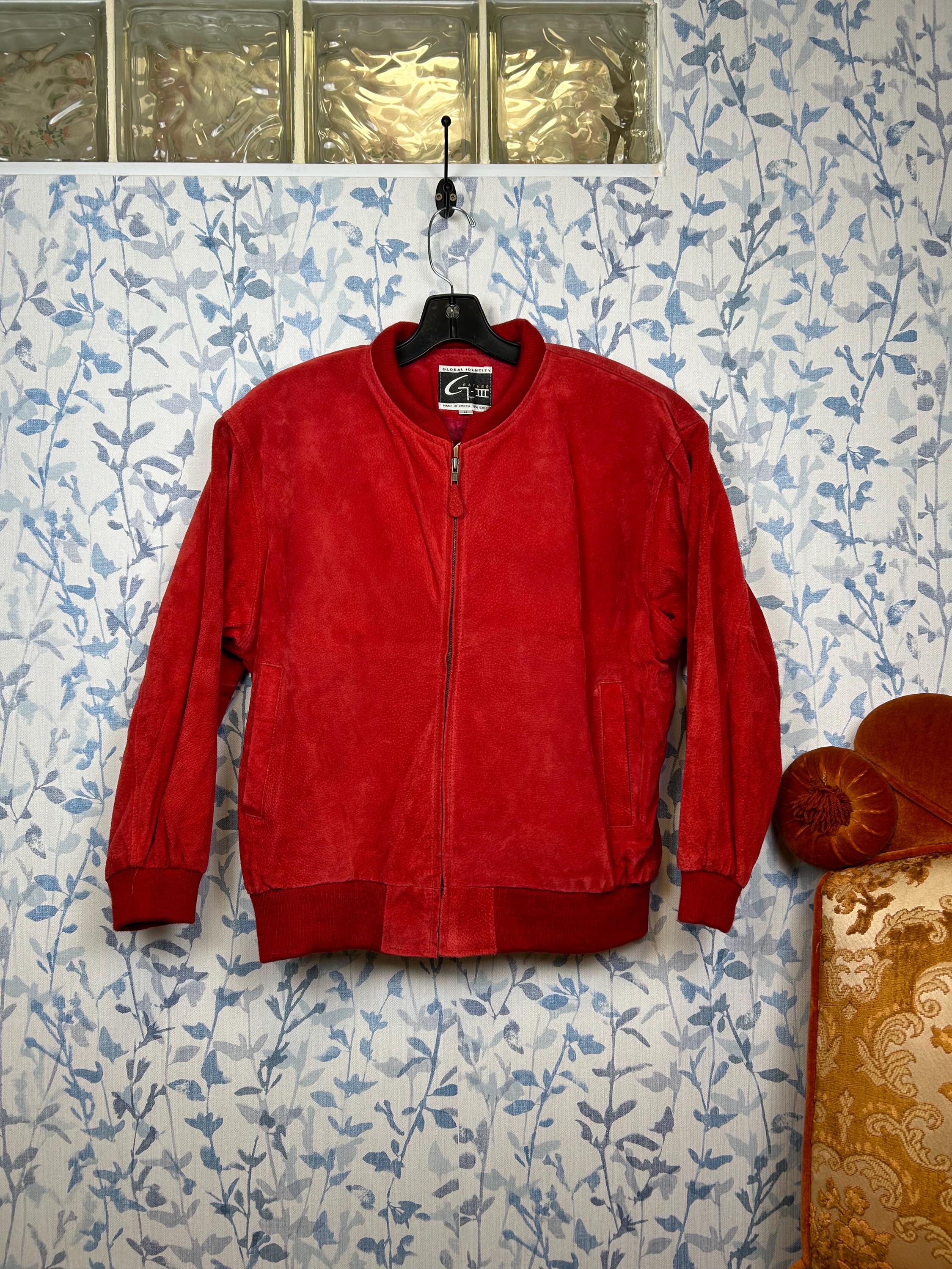 【vintage】80s red suède casual jacket Vintage 80s Red Suede Bomber Jacket Mens M Womens L / Real Leather
