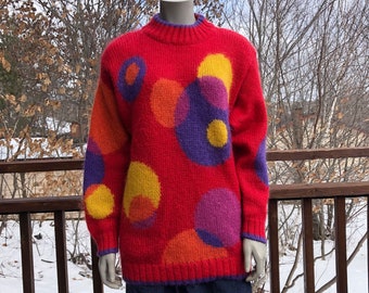 Vintage 80s Mohair Sweater S - M / Polka - Dot Sweater / Wool Sweater / Colourful Sweater / Knit Sweater / Long Sweater