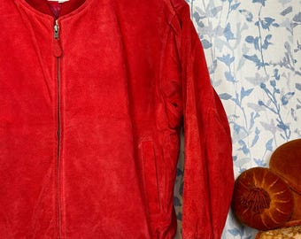 Vintage 80s Red Suede Bomber Jacket Mens M Womens L / Real Leather
