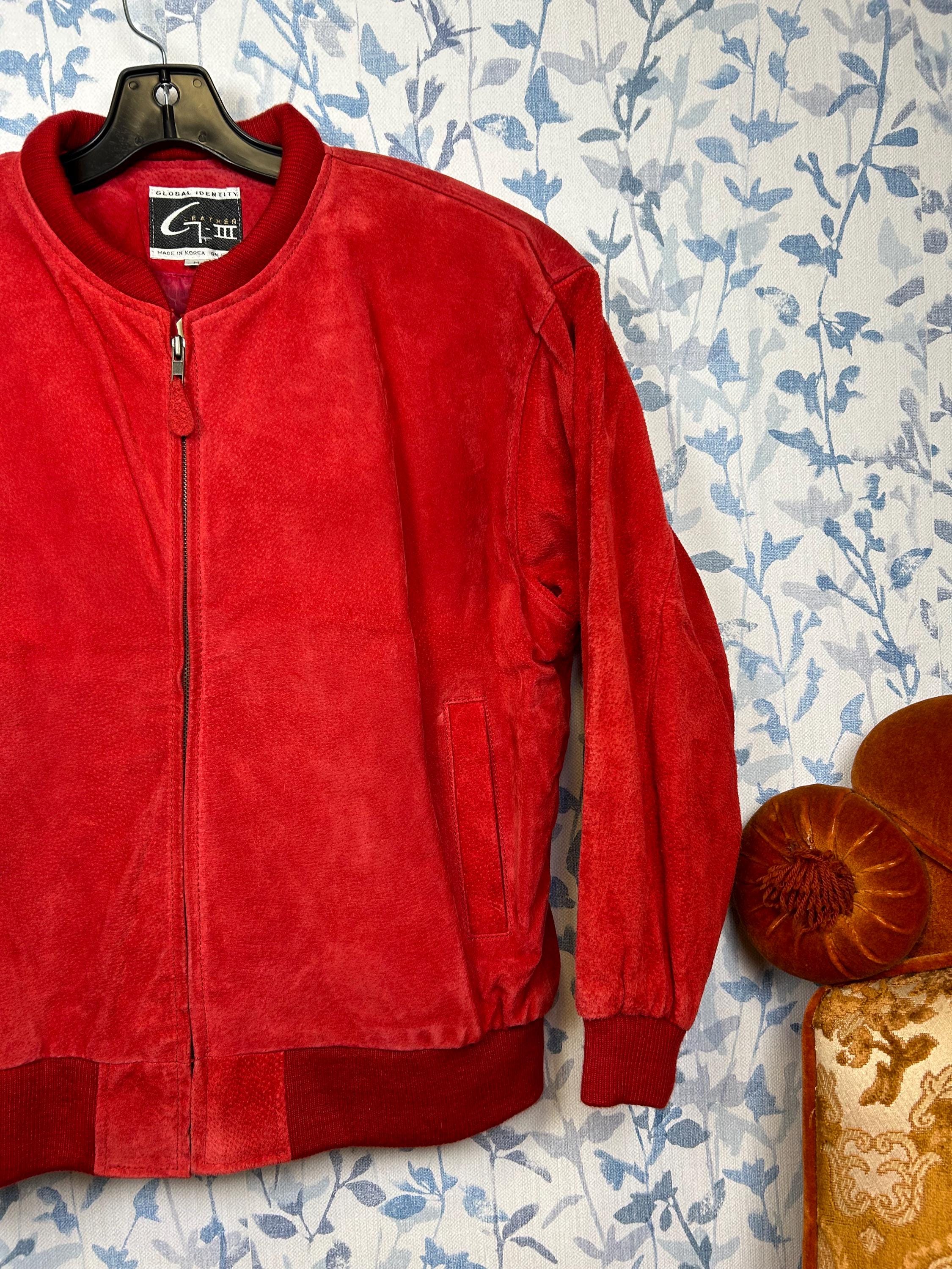 【vintage】80s red suède casual jacket Vintage 80s Red Suede Bomber Jacket Mens M Womens L / Real Leather