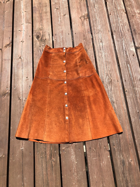 【Orange】70s vintage USA handmade skirt Vintage Burnt Orange Suede Skirt 22 - 23 Waist / XXS Leather