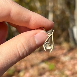 May include: A gold-colored wishbone pendant with a heart-shaped charm. The pendant is held up by a small hook. The background is blurred, with natural light and foliage.