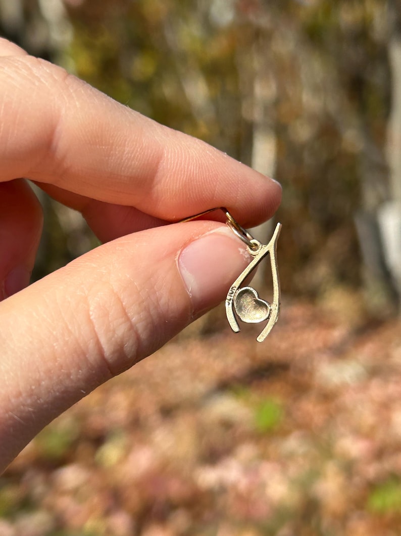 May include: A gold-colored wishbone pendant with a heart-shaped charm. The pendant is held up by a small hook. The background is blurred, with natural light and foliage.
