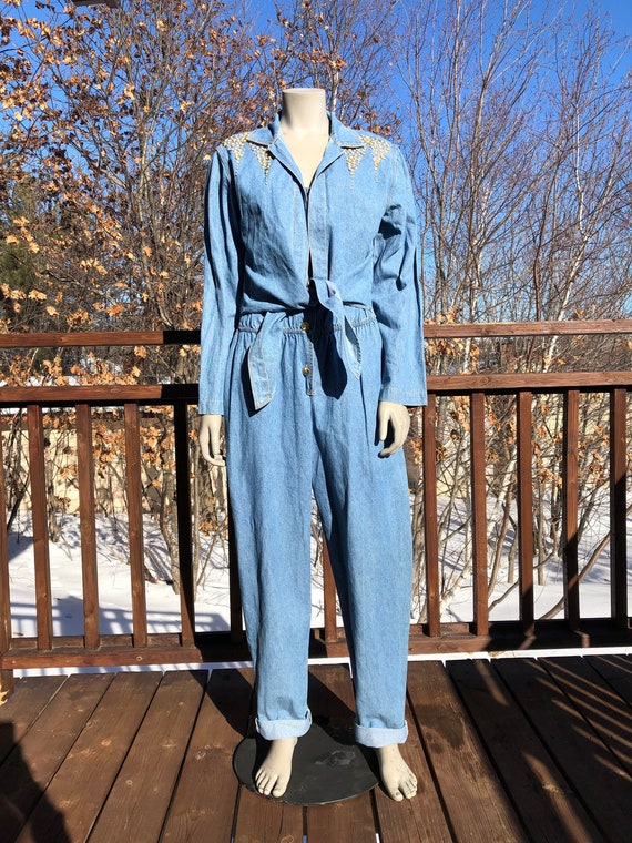 Vintage 80s Studded Jumpsuit M / Denim Jumpsuit / 