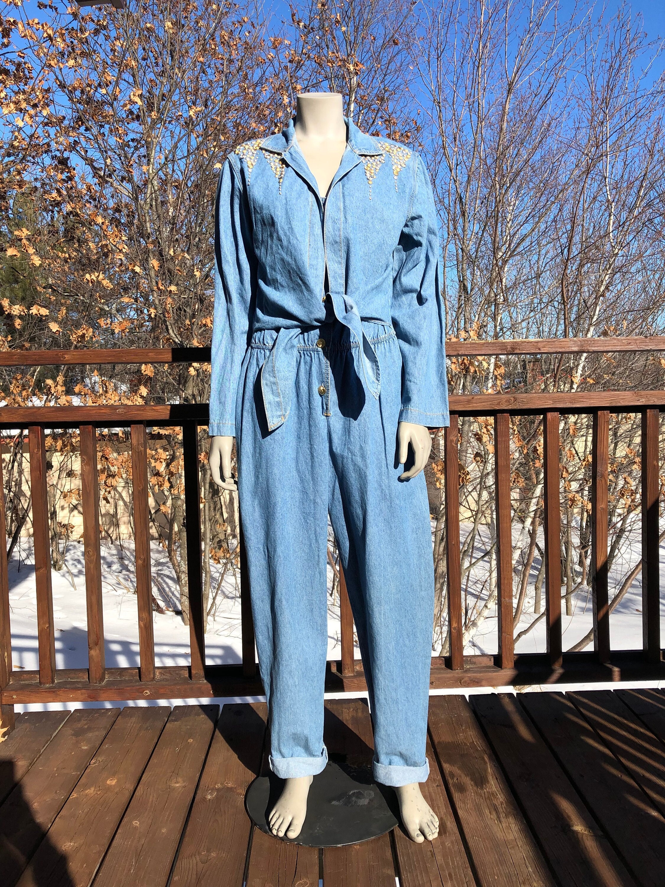 80s dress up denim Vintage Studded Jumpsuit M / Jumpsuit / 80s Fashion / Tie Front / One Piece Outfit / Lightwash Denim / 80s Style / Funky Coveralls Women