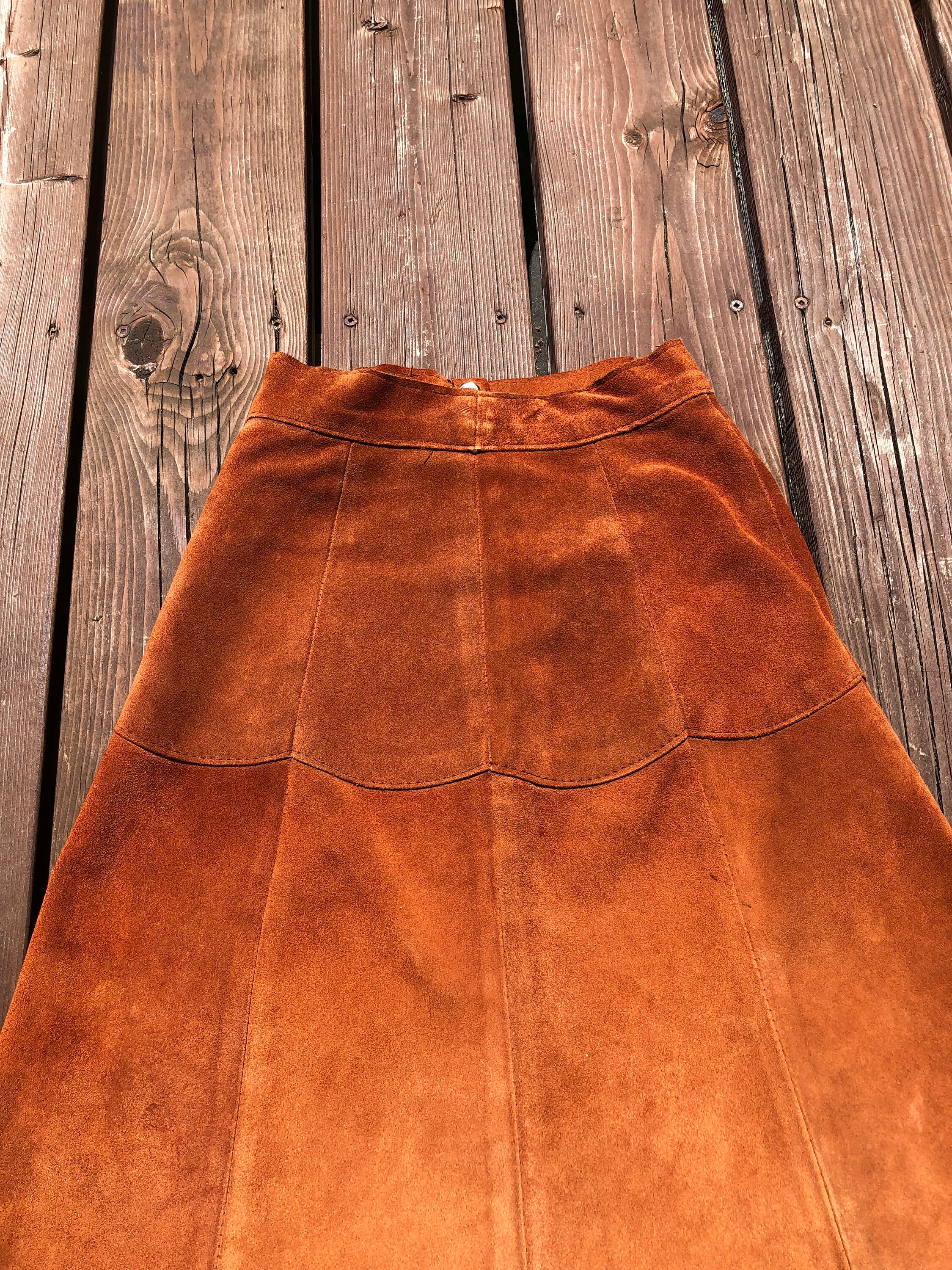 【Orange】70s vintage USA handmade skirt Vintage Burnt Orange Suede Skirt 22 - 23 Waist / XXS Leather