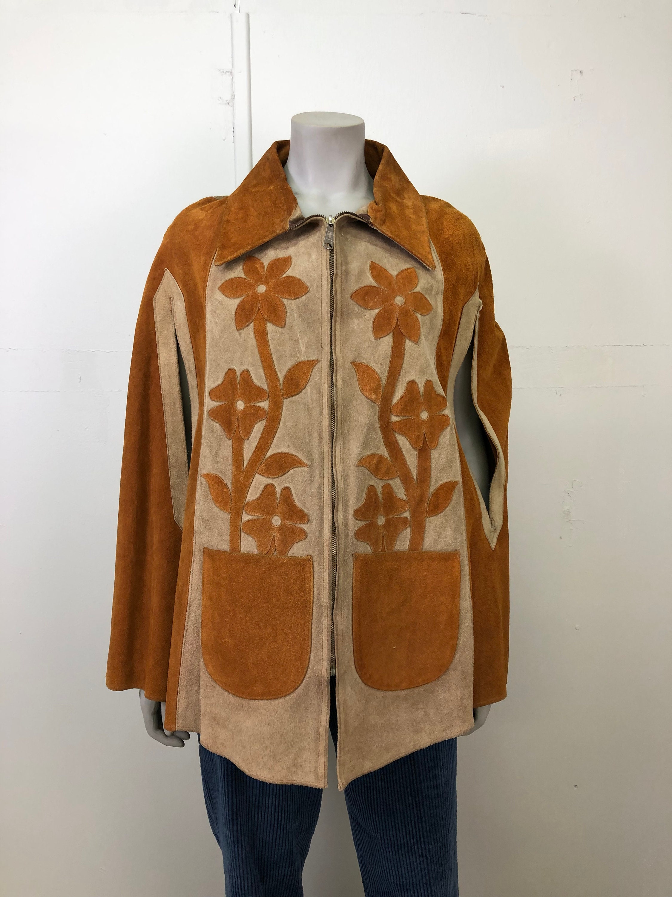 60s Suede Cape Poncho S - M / Floral Leather Poncho