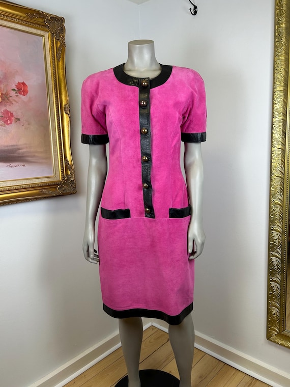Vintage Danier Suede Dress M / Hot Pink Dress / 80s Fashion / Colourful Suede / Suede Leather / Fancy Leather Dress / Leather Dress