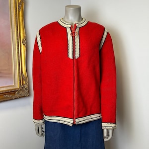 Vintage Austrian Wool Jacket S - M / Zip Up Jacket / 60s / Cropped Jacket / All Wool Jacket / Fall Jacket / Spring Jacket / Bright Red
