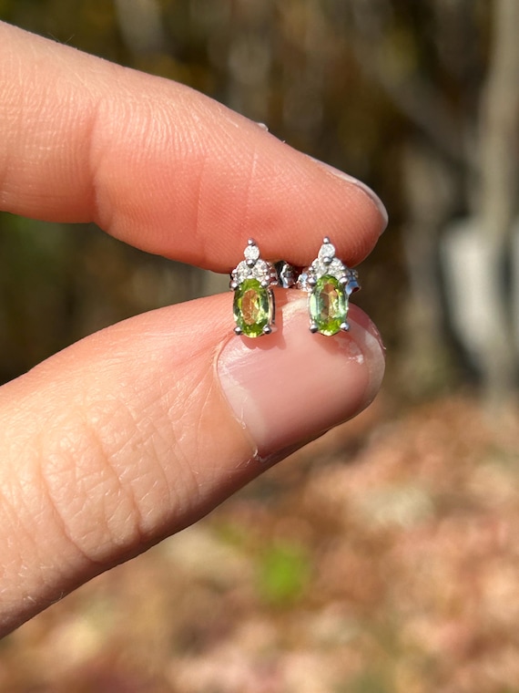 Vintage 10k White Gold Green Stone and Diamond Stud Earrings / Gift For Her / Solid Gold / Real Gold / Butterfly Back
