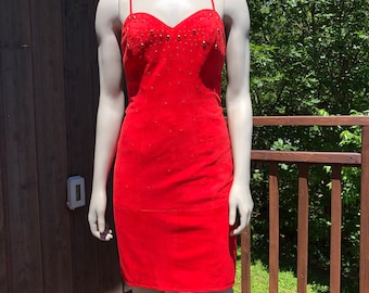 Vintage Leder Nietenkleid Größe S / Rotes Lederkleid / Vintage Lederkleid / Wildleder / Vakko Leder / Rotes Minikleid