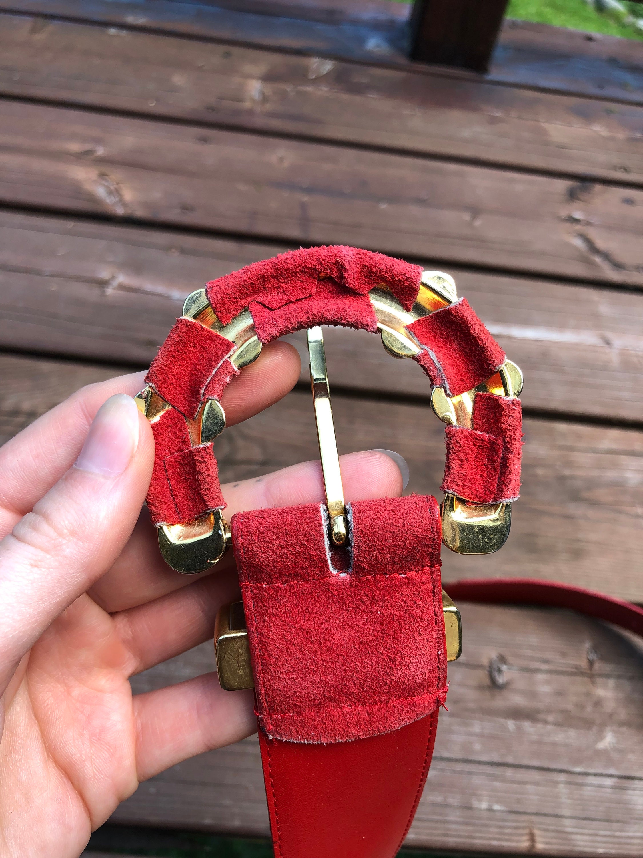Vintage 80s Wide Red Suede Waist Belt Gold Etched Hook Buckle Statement 29\