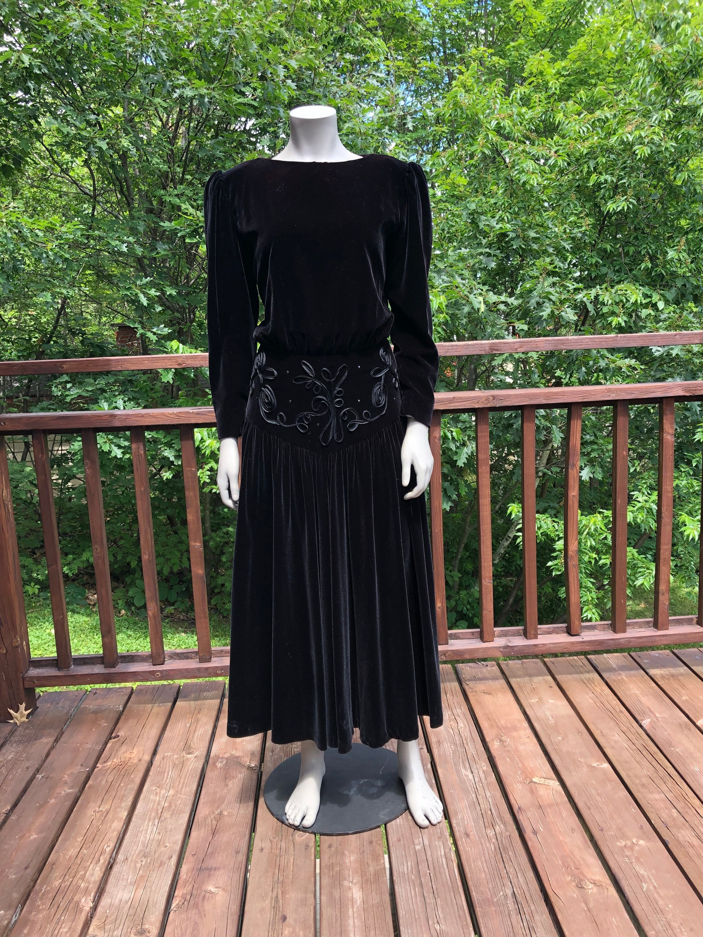 Vintage Black Velvet Drop Waist Dress S / Lori Ann Dress / 80s