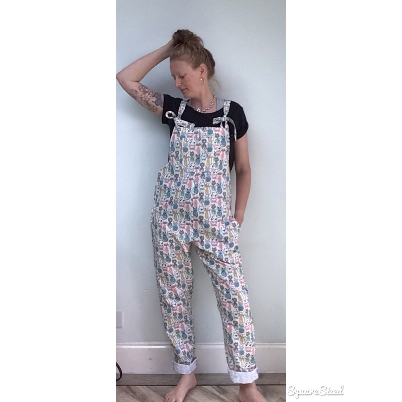 Image of Funky Cat Dungarees Romper Overalls Jumpsuit Hippie Hippy Boho Pastel