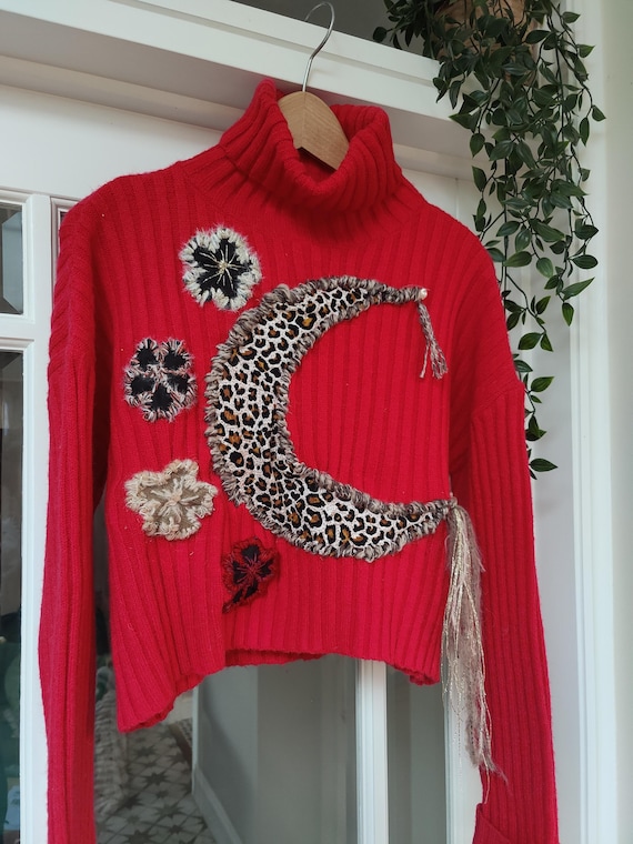 Red Chunky Knit Sweater With Leopard Print Crescent Moon Boho