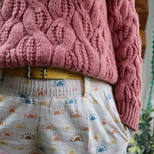 High waisted trousers brushed cotton cream rainbow pastel shirred elastic