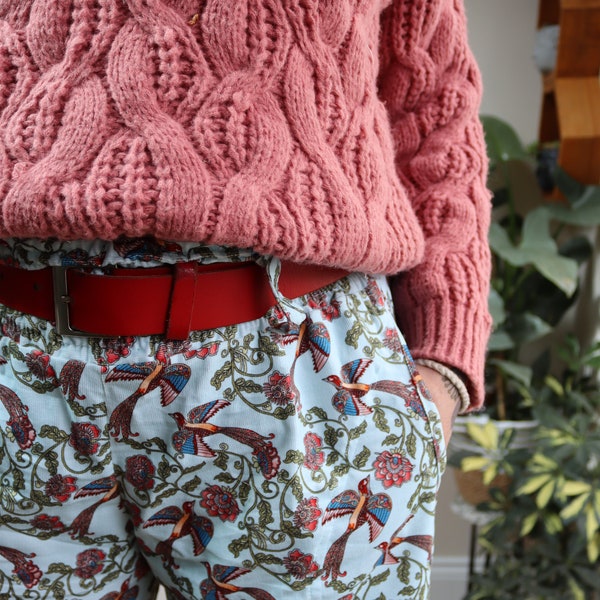 Funky high waisted trousers cord corduroy elastic shirred rainbow bird